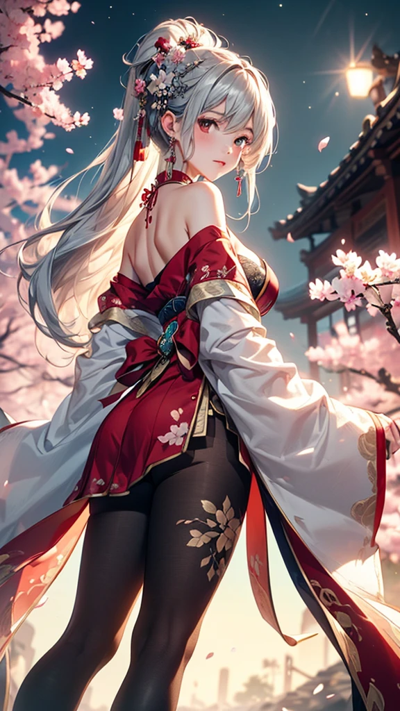 (masterpiece:1.5, Highest quality, Very detailed、 Dutch Angle、Semi-realistic、Fantasy)(One Girl, alone)(Silver Hair:1.4,,Straight Long Hair)(Wearing Han clothes, Royalty、White and red Hanfu:1.6,Thick fabric,Long sleeve)、((Off the shoulder、medium breasts, Beautiful cleavage、ruby necklace))((Above the knee tights))(from backside,cherry blossoms、dead tree、Mystical Night、Particles of light float around the woman、Fantasyのためのスペース)