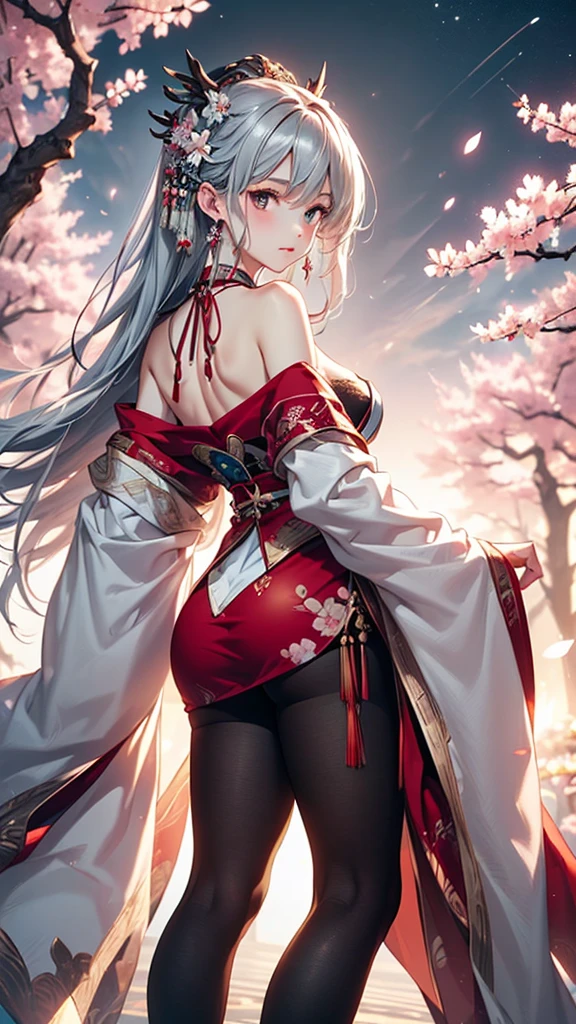(masterpiece:1.5, Highest quality, Very detailed、 Dutch Angle、Semi-realistic、Fantasy)(One Girl, alone)(Silver Hair:1.4,,Straight Long Hair)(Wearing Han clothes, Royalty、White and red Hanfu:1.6,Thick fabric,Long sleeve)、((Off the shoulder、medium breasts, Beautiful cleavage、ruby necklace))((Above the knee tights))(from backside,cherry blossoms、dead tree、Mystical Night、Particles of light float around the woman、Fantasyのためのスペース)