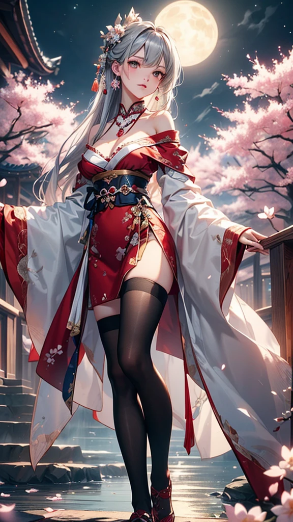(masterpiece:1.5, Highest quality, Very detailed、 Dutch Angle、Semi-realistic、Fantasy)(One Girl, alone)(Silver Hair:1.4,,Straight Long Hair)(Wearing Han clothes, Royalty、White and red Hanfu:1.6,Thick fabric,Long sleeve)、((Off the shoulder、medium breasts, Beautiful cleavage、ruby necklace))((Above the knee tights))(from backside,cherry blossoms、dead tree、Mystical Night、Particles of light float around the woman、Fantasyのためのスペース)