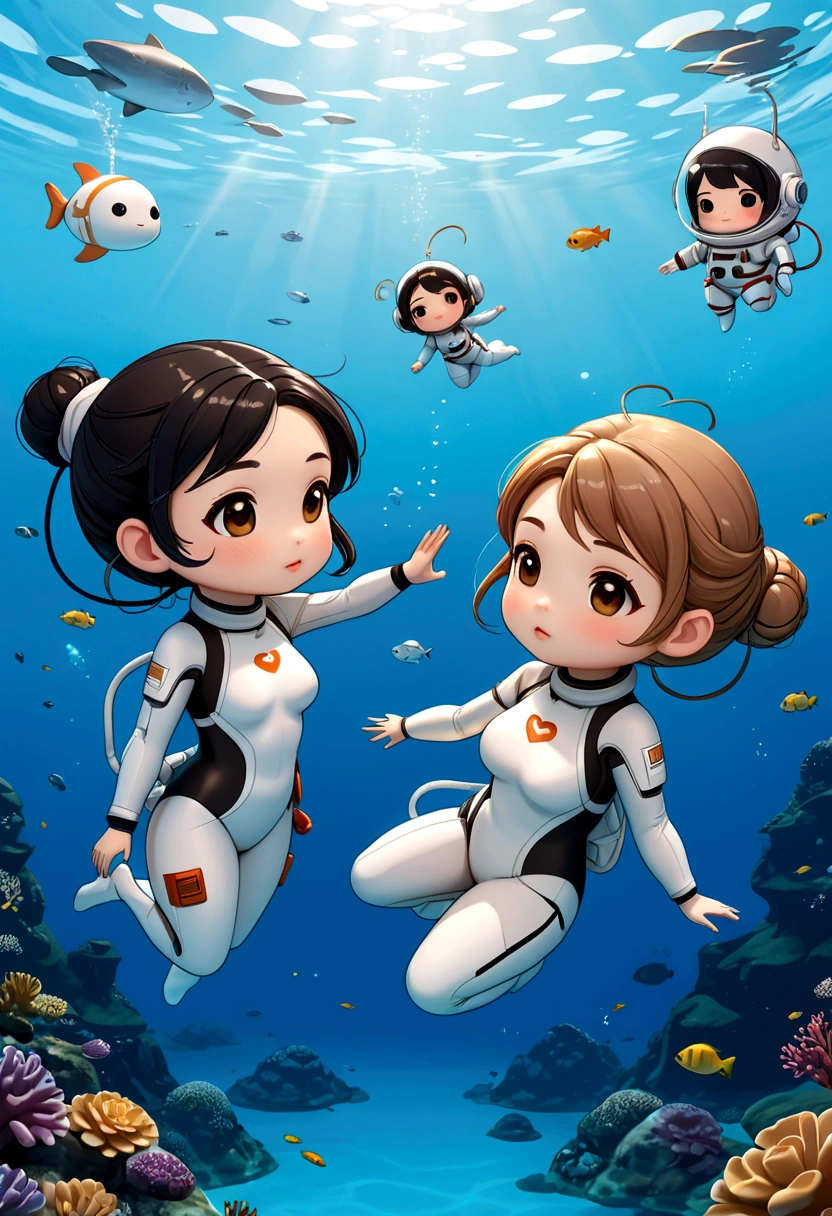 Beautiful curvy chibis in love, a little Asian astronaut with black hair tied up, floating, and a freediver with her white neoprene suit, with light brown hair tied in a bun, swimming, trying to reach each other. illustration, 3d rendering, photography, realistic, anime, photography, poster, fashion, portrait photography
