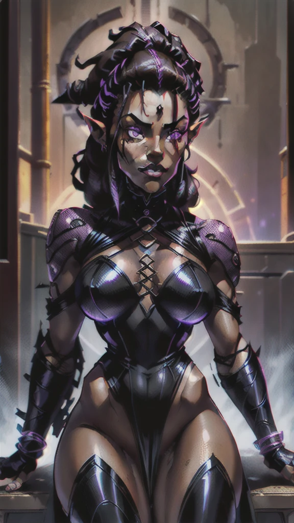(Concept Art) of an (African American) female, with dark (black dreadlocks), purple eyes, dark (brown skin), (pointed ears), (slutty assassin), sexy black robe, (lust) demon, (medium shot), perfect composition, hyper-detailed, 8K, high quality, (perfect eyes), trending art, sharp focus, studio photo, intricate details, (Pin-up) pose