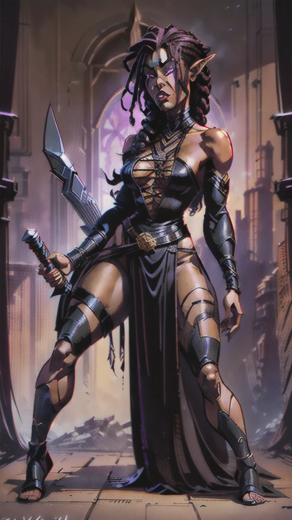 (Concept Art) of an (African American) female, with dark (black dreadlocks), purple eyes, dark (brown skin), (pointed ears), (slutty assassin), sexy black robe, (lust) demon, (medium shot), perfect composition, hyper-detailed, 8K, high quality, (perfect eyes), trending art, sharp focus, studio photo, intricate details, (Pin-up) pose