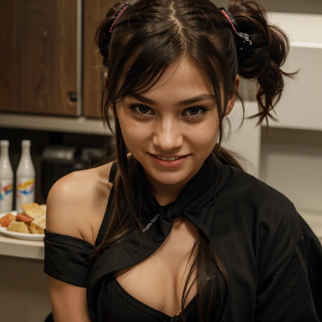Beautiful girl, half Thai-Japanese face, super model figure, hands and feet have beautiful details. She is a scarred android girl, wearing a special forces uniform. She has tan skin, long hair, bangs, and red lipstick on her lips. She has tattoos.