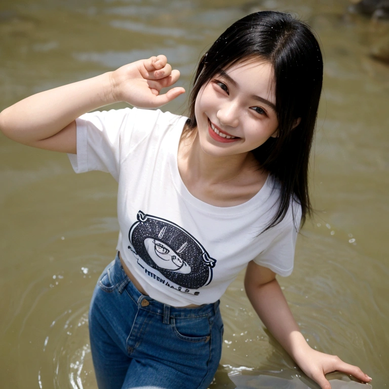 Japanese、18-year-old、Very slim、((Smiling))、T-Shirts、Turn up your pants、River shallow waters