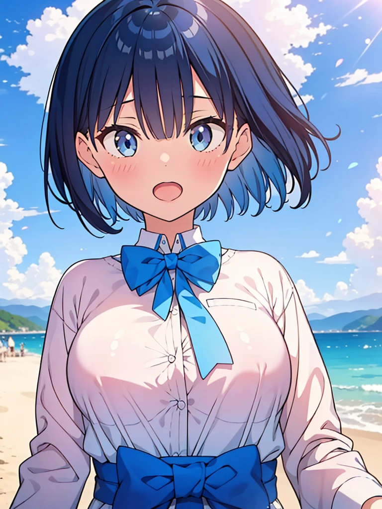 masterpiece, best quality, solo, ,
short hair, blue hair, straight hair, blue eyes, white shirt, open mouth, bowtie, large breasts, button gap, blank eyes,
blue sky, wind,