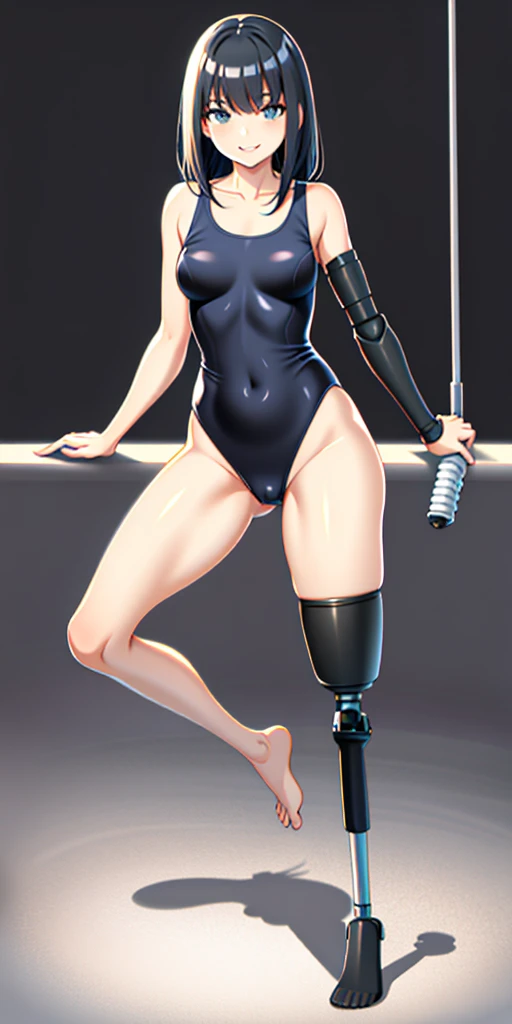 best quality, 1girl, solo, standing, school hall, medium hair, black hair, straight hair, looking at her prosthetic leg, small breasts,  (prosthetic leg:1.2), full body, smiling, swimming suit, leotard, dark blue leotard, black blue swimming suit, barefoot. 