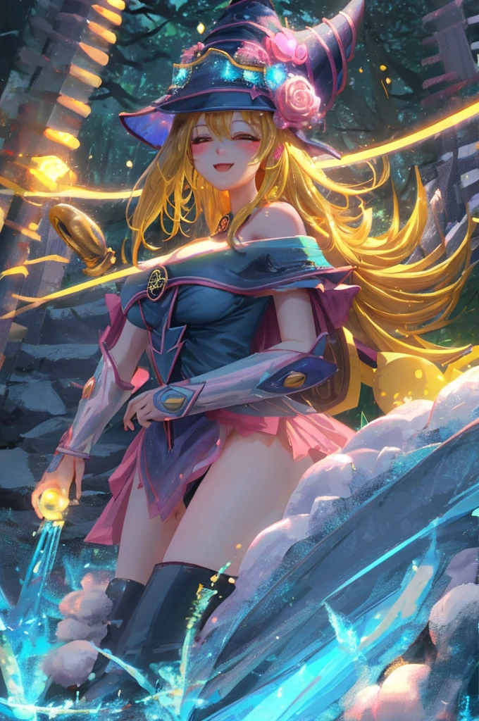 Chica herself、Estilo MKSKS、(very detailed background:1.0)、(very detailed background:1.0)、masterpiece、premium、(1 girl)、Alone、(The forest)、long hair、a blonde、blue hats、Wizard hat、spell casting、natural、The tree々:1.2、motion blur、magic、(rays of moonlight:1.2)、chromatic aberration、Depth of fields、soft lighting、Extra detailed face、extremely detailed eye、SMILE、big breasts、overexposed、shines in the background、