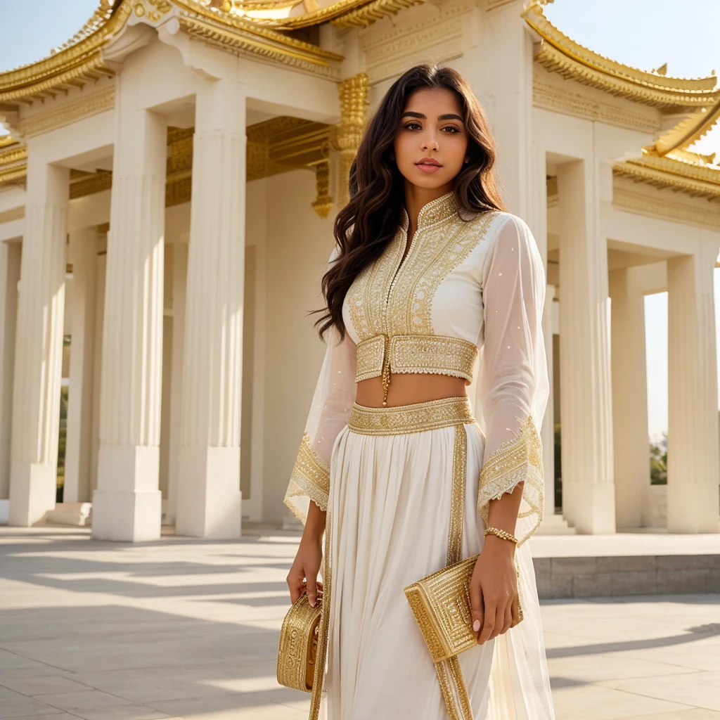 Create a realistic young woman stands outdoors, wearing a white golden sharara. She holds a small golden white purse and is positioned in front of a modern temple background complete crowd. The sharara features intricate lace detailing on the sleeves, adding an elegant touch to her modest attire. Sunlight softly illuminates her, highlighting the texture of her outfit and casting gentle shadows around her. high-contrast, dramatic look relightning.
