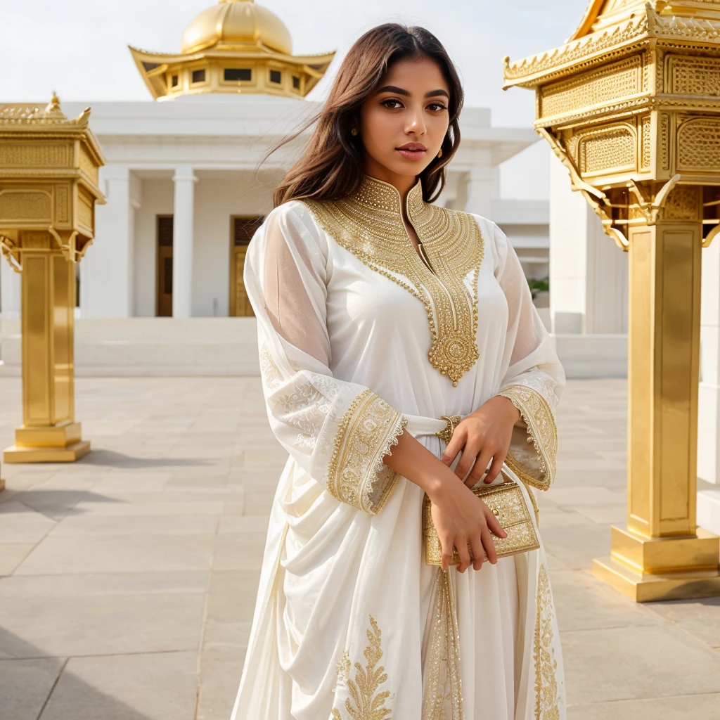 Create a realistic young woman stands outdoors, wearing a white golden sharara. She holds a small golden white purse and is positioned in front of a modern temple background complete crowd. The sharara features intricate lace detailing on the sleeves, adding an elegant touch to her modest attire. Sunlight softly illuminates her, highlighting the texture of her outfit and casting gentle shadows around her. high-contrast, dramatic look relightning.