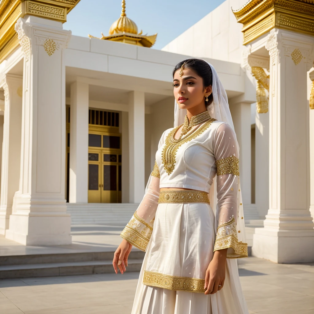 Create a realistic young woman stands outdoors, wearing a white golden sharara. She holds a small golden white purse and is positioned in front of a modern temple background complete crowd. The sharara features intricate lace detailing on the sleeves, adding an elegant touch to her modest attire. Sunlight softly illuminates her, highlighting the texture of her outfit and casting gentle shadows around her. high-contrast, dramatic look relightning.