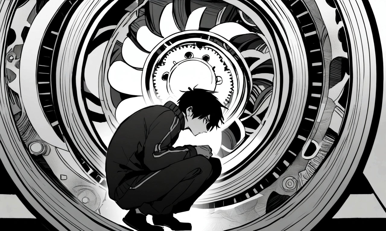 black and white drawing, giant clockwork background, human, 26 year old male, black neat hair, a lonely face, wearing gray tracksuit, squat down, Frustration,