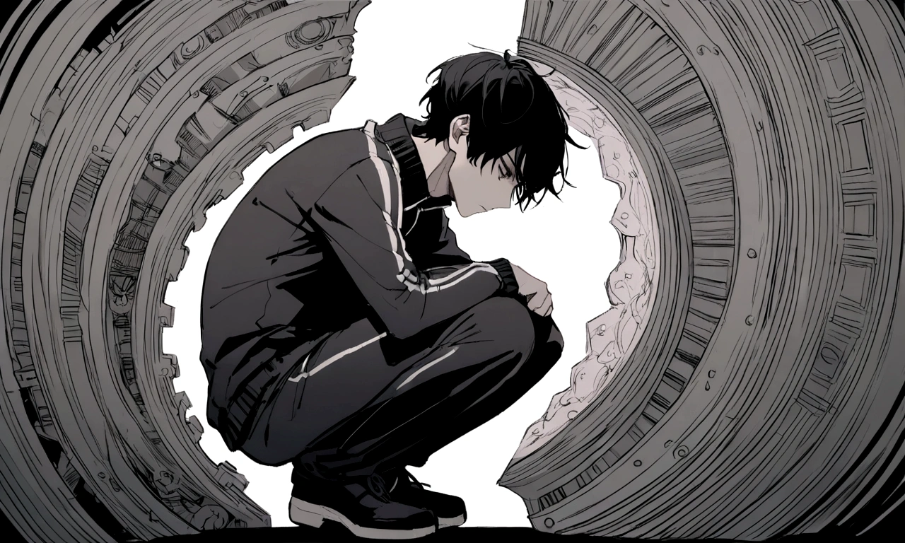 black and white drawing, giant clockwork background, human, 26 year old male, black neat hair, a lonely face, wearing gray tracksuit, squat down, Frustration,