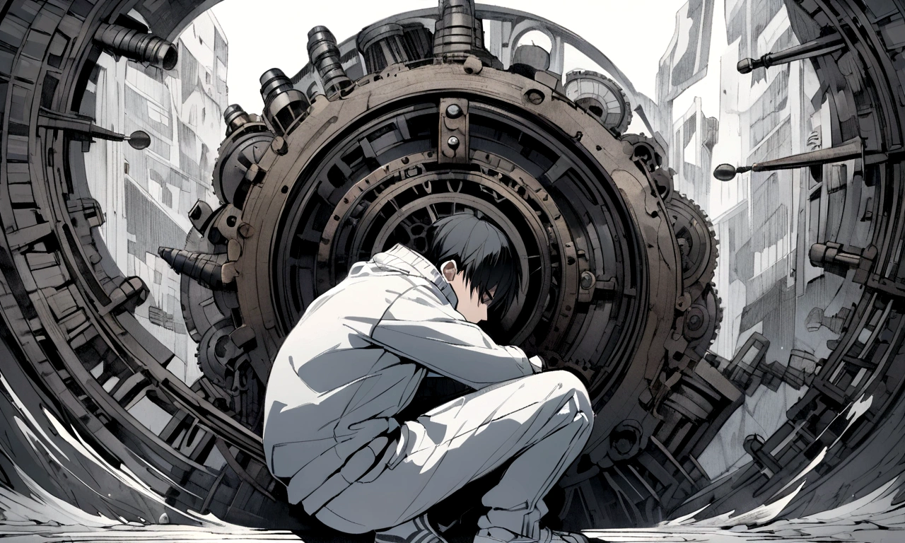 black and white drawing, giant clockwork background, human, 26 year old male, black neat hair, a lonely face, wearing gray tracksuit, squat down, Frustration, 