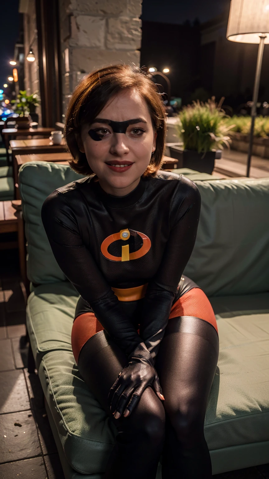Masterpiece, (photorealistic1.4),Best quality, (solo), (1girl), (epiCRealLife), (photorealistic1.4), (UHD),( helenparr red bodysuit ), (d4k0t4), (young woman), (European model), (ElastigirlHelenParr latex bodysuit), (red bodysuit), (black elbow gloves), (ElastigirlHelenParr costume), (street cafe), (hands down), (black thighhigh), (helenXL black domino mask), (domino mask), (short hair), (ElastigirlHelenParr hairstyle), (outside patio), (1girl), (sitting on sofa), (look at viewer), (make up), (red lipstick), (light smile), (close up), (spot light), (flashphoto), (flash photography), (night time), (at night), (f/2.8)