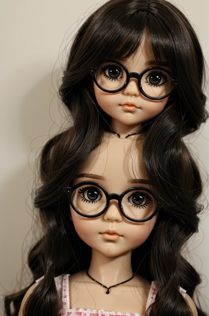 toy doll with wavy hair with glasses, big eyes and black eyeliner 