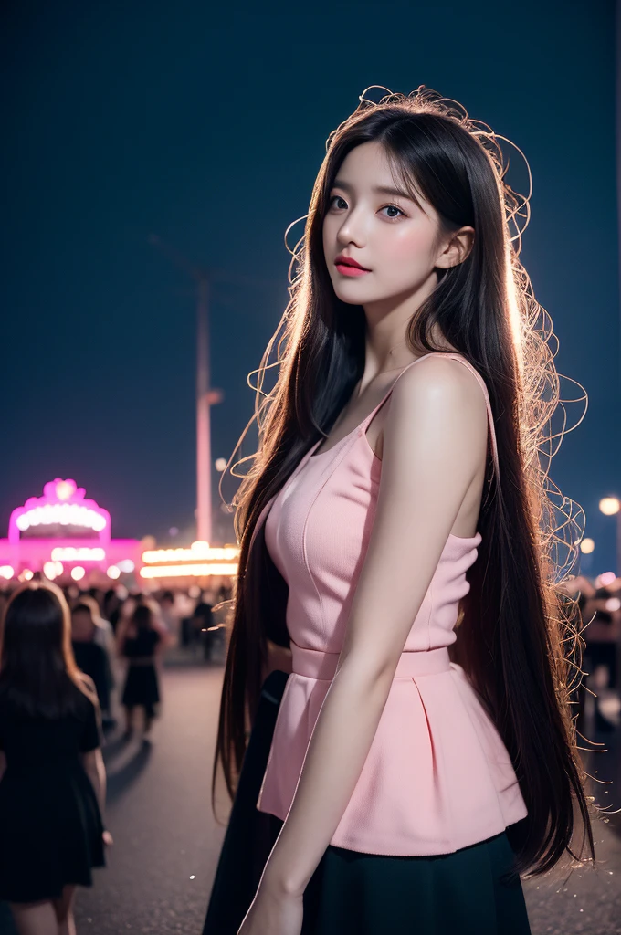 1girl in, Super beautiful girl, Dream Girl, Wearing pink, ulzzangs, Dancing, Concert in amusement park in the background, Lightning in the sky, Ultra Details, A hyper-realistic, Cinematic , Octane Render,  K，A dark-haired