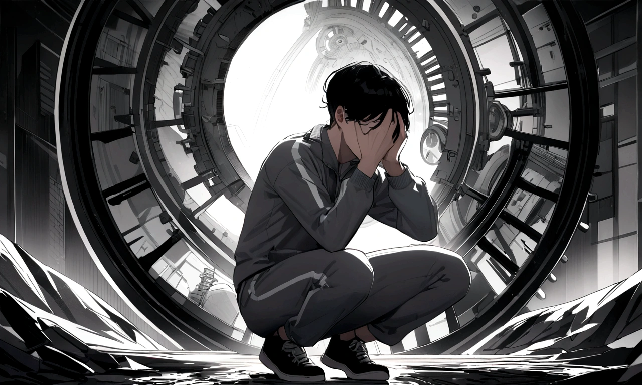 black and white drawing, giant clockwork background, human, 26 year old male, black neat hair, a lonely face, wearing gray tracksuit, squat down, raise one's head.