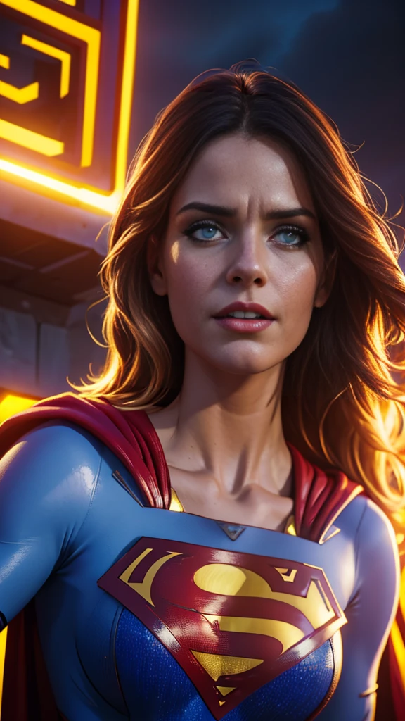 a supergirl flying in the sky, revealing costume, sensual pose, detailed face and eyes, 1girl, photorealistic, ultra-detailed, 8k, high quality, dramatic lighting, vibrant colors, cinematic composition, heroic, powerful
