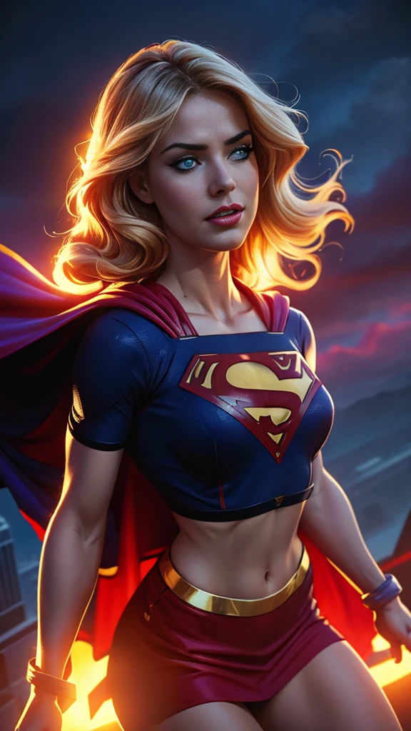 a supergirl flying in the sky, revealing costume, sensual pose, detailed face and eyes, 1girl, photorealistic, ultra-detailed, 8k, high quality, dramatic lighting, vibrant colors, cinematic composition, heroic, powerful