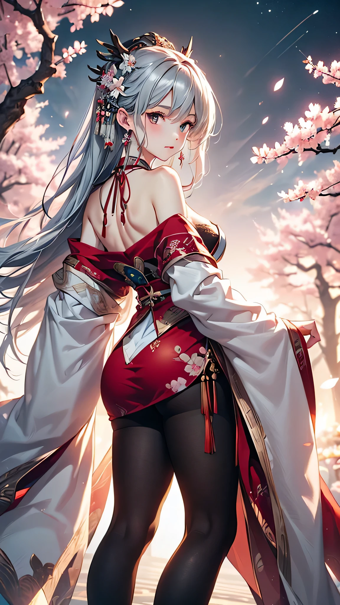 (masterpiece:1.5, Highest quality, Very detailed、 Dutch Angle、Semi-realistic、Fantasy)(One Girl, alone)(Silver Hair:1.4,,Straight Long Hair)(Wearing Han clothes, Royalty、White and red Hanfu:1.6,Thick fabric,Long sleeve)、((Off the shoulder、medium breasts, Beautiful cleavage、ruby necklace))((Above the knee tights))(from backside,cherry blossoms、dead tree、Mystical Night、Particles of light float around the woman、Fantasyのためのスペース)
