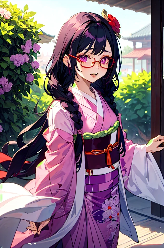 Girl with long dark purple hair with bangs, light pink eyes with big eyelashes, red qudradi glasses, long sleeveless kimono, Dark purple dragon tattoo on your arm, red flower in your hair, flushed face and pointed teeth