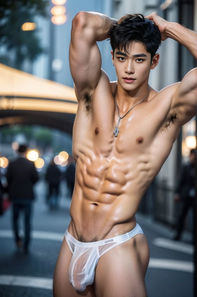 Boy in the crowded street in Paris, amazing Paris street scenery, Crowded paris street, Eiffel tower scenery, Eiffel tower in the background, Full body photo, very wet body, Very thin thong, Proudly showing off his sweaty very hairy armpits, completely naked just wearing white thong, wearing necklace in his neck, boy, very young boy, Cinematic soft lighting illuminates a stunningly detailed and ultra-realistic handsome korean male supermodel, ultra messy curly hair, clear honey eyes, captivating perfect smile, sensual, hot man, insanely handsome, showing off his sweaty body, very sixpack muscular body build, slender, toned, full body, 8k, photography, masterpiece, detailed face, detailed eyes, sexy, beautiful abdomen and beautiful legs and a detailed big hard penis, expression of ecstasy, excited, slim, detailed eyes and lips, sixpack and fit body. Image quality is of the highest standard, with ultra-detailed features and a realistic appearance. The colors are bright and vibrant, enhancing the overall aesthetic. The lighting is soft and natural, casting a soft glow on the boy, don't merge body's