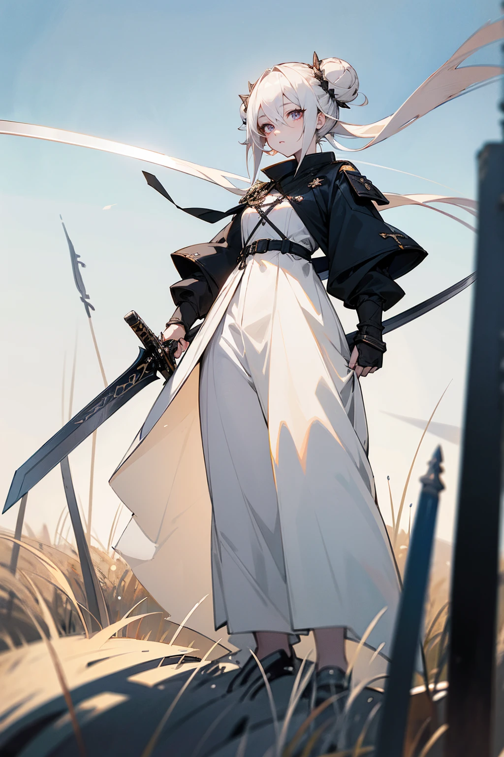 Masterpiece Quality, Perfect Generation, Sclera, Detailed Eyes, Skin, White Hair, Gray Eyes, Pale Skin, Field Background, Facing Viewer, Standing, , Female, Full Body, Fighter Clothing, Sword, Hair In Buns, Attractive