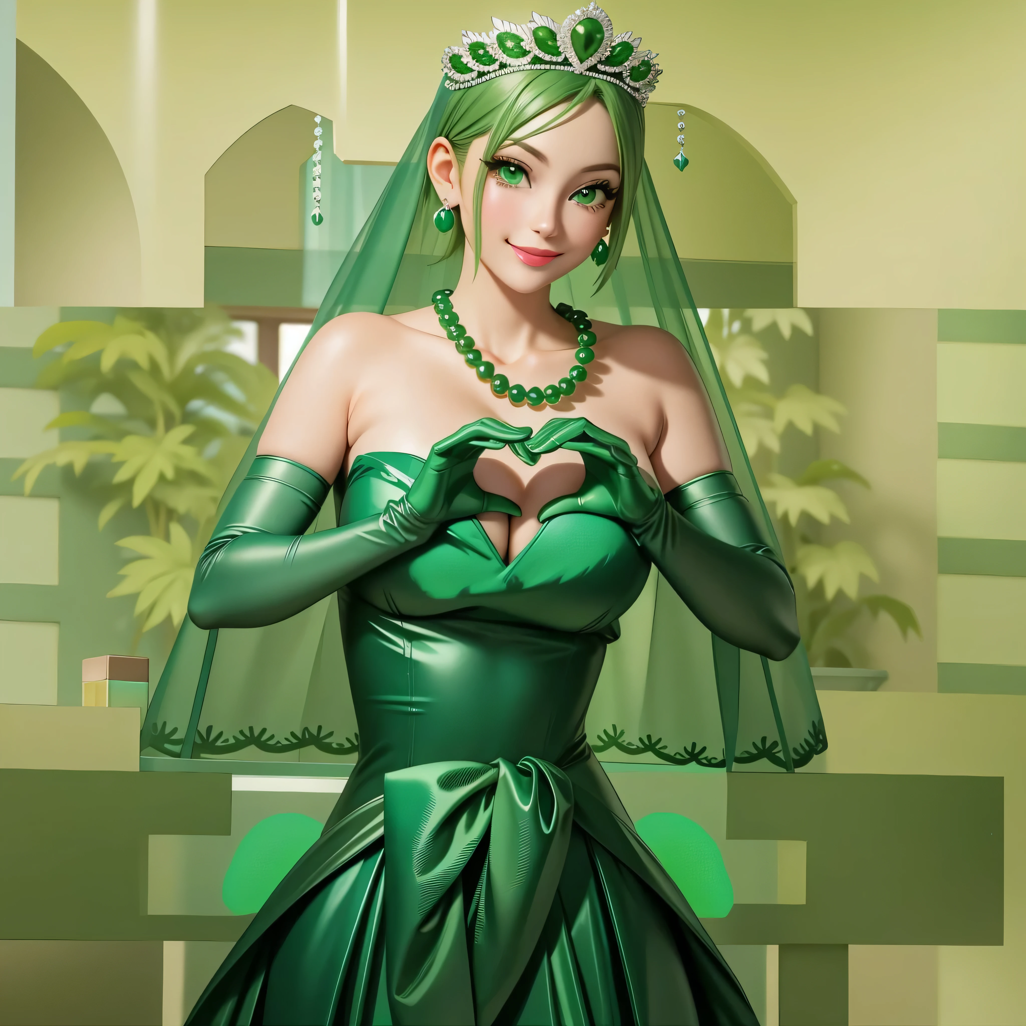 emerald tiara, Green Pearl Necklace, Boyish very short green hair, Green Lips, Smiling Japanese woman, Very short hair, Busty beautiful lady, Green Eyes, Green satin long gloves, Green Eyes, Emerald Earrings, Green veil, Heart with both hands, Green Hair, Beautiful Japanese Woman, Heart shaped hands:1.3, green lip gloss