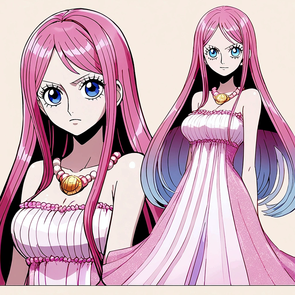 Styled Animation Anime One piece toei Animation, 18 year old woman with long straight hot pink hair, round, mature sky blue eyes, pale skin dress with medium short glitters, whole body