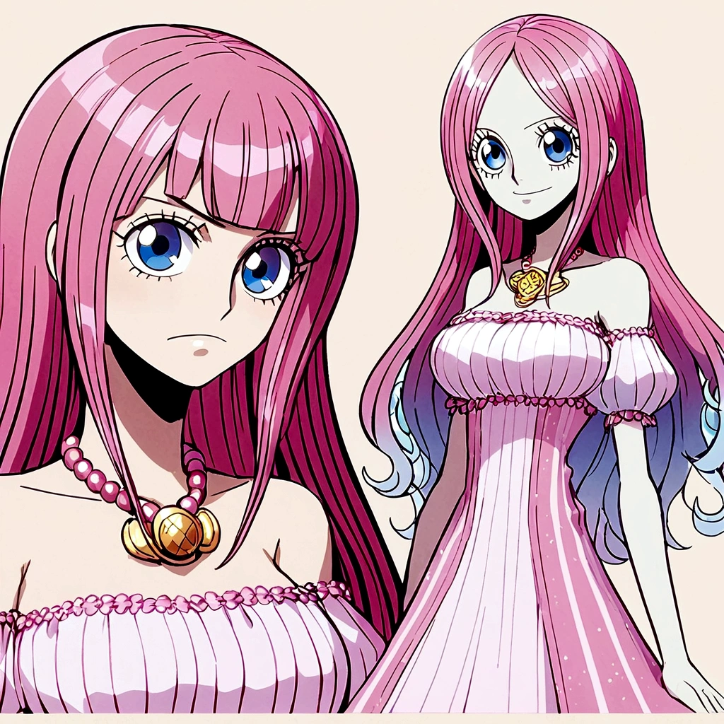 Styled Animation Anime One piece toei Animation, 18 year old woman with long straight hot pink hair, round, mature sky blue eyes, pale skin dress with medium short glitters, whole body