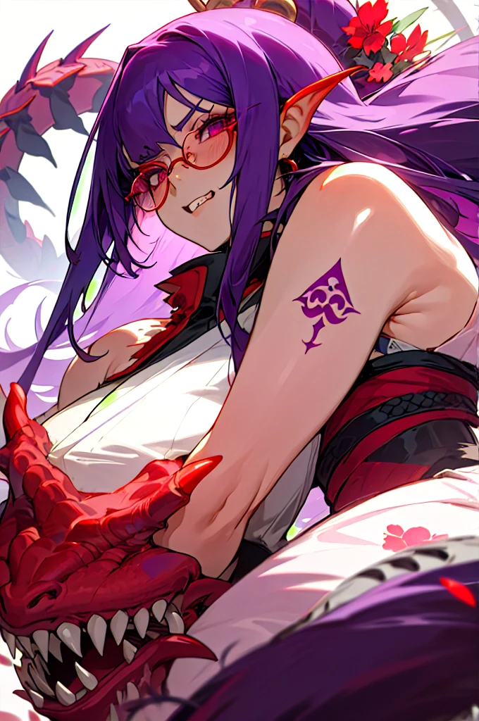 Girl with long dark purple hair with bangs, light pink eyes with big eyelashes, red qudradi glasses, long sleeveless kimono, Dark purple dragon tattoo on your arm, red flower in your hair, flushed face and pointed teeth