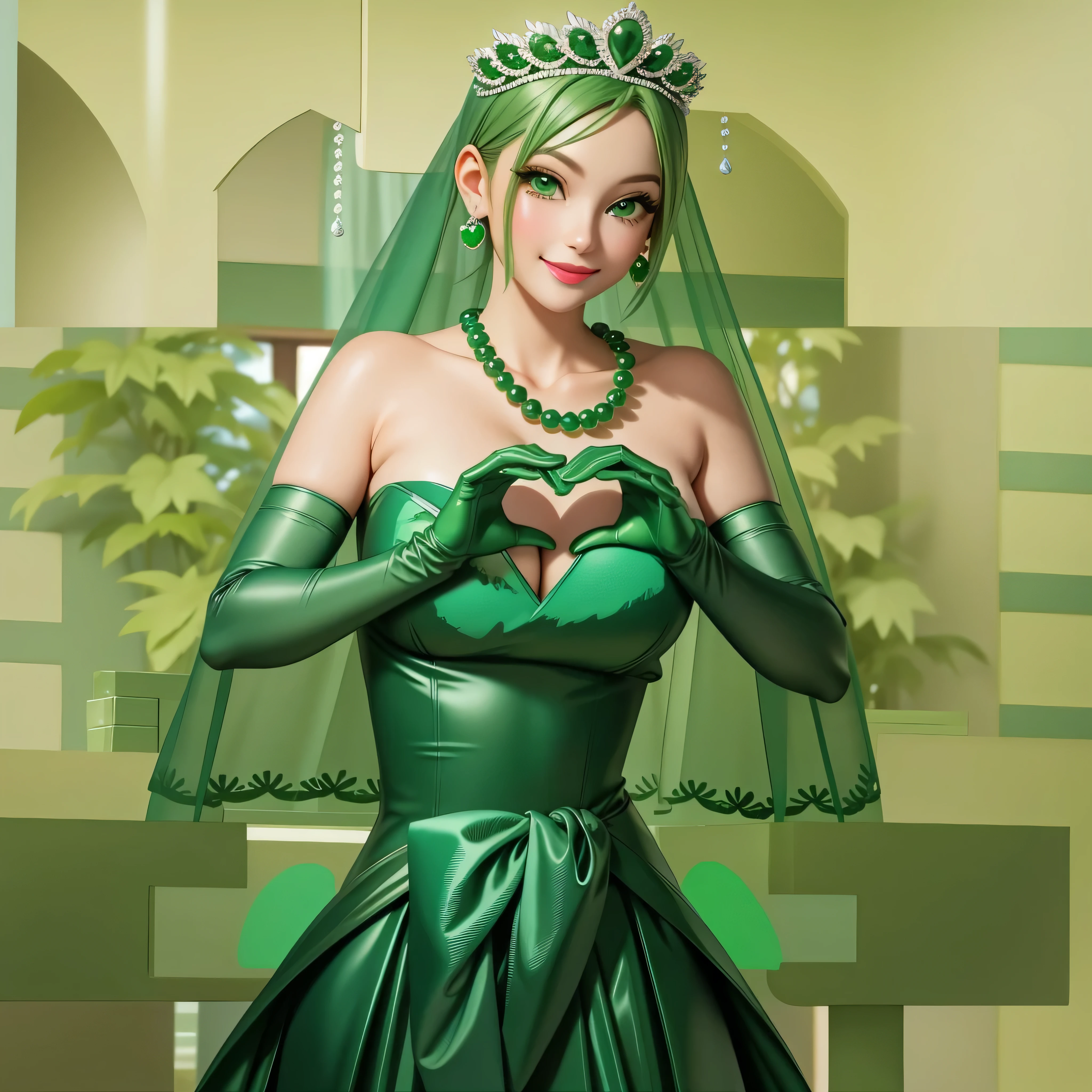 emerald tiara, Green Pearl Necklace, Boyish very short green hair, Green Lips, Smiling Japanese woman, Very short hair, Busty beautiful lady, Green Eyes, Green satin long gloves, Green Eyes, Emerald Earrings, Green veil, Heart with both hands, Green Hair, Beautiful Japanese Woman, Heart shaped hands:1.3, green lip gloss