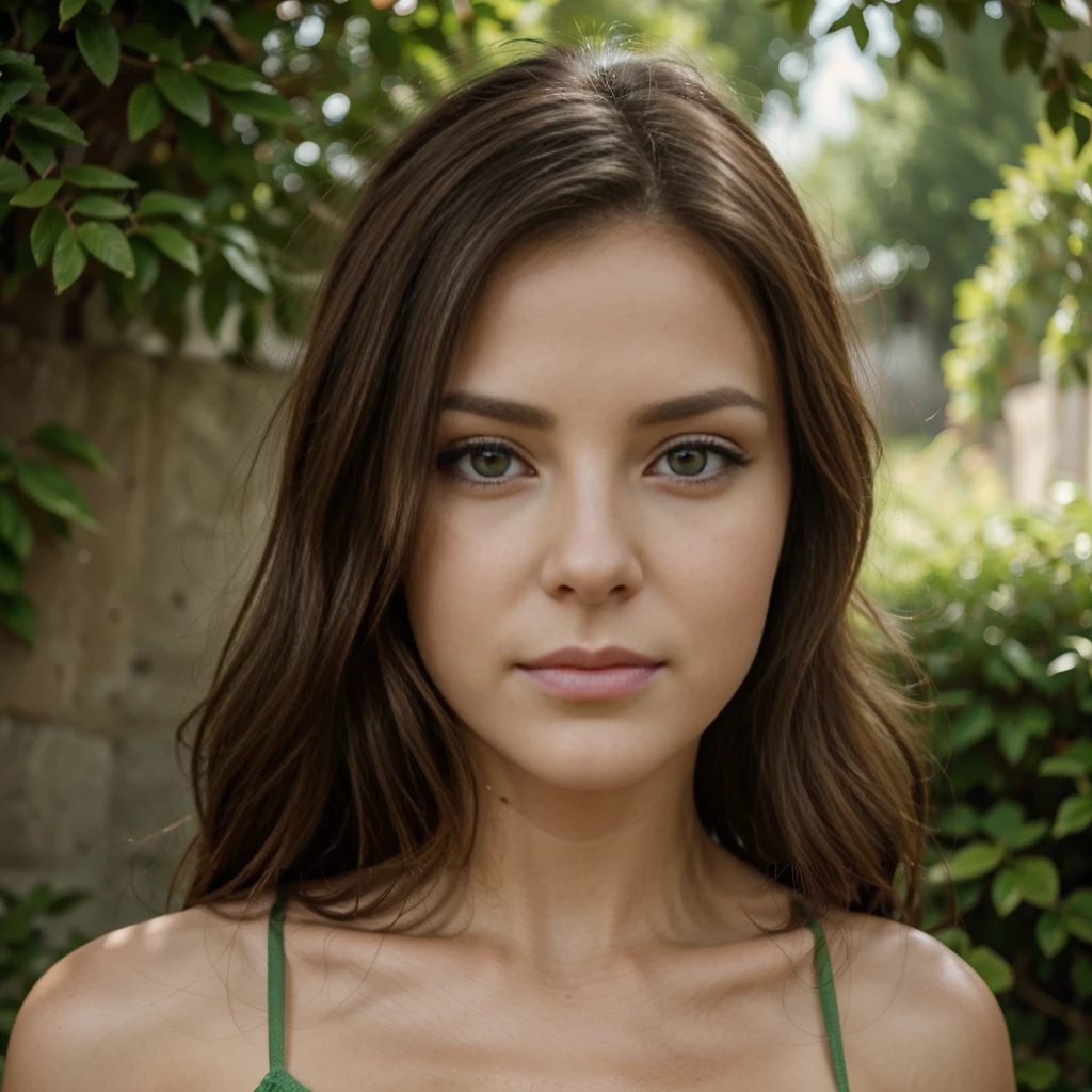 brune ténébreuse cheveux long raide , yeux vert clair , trait du visage fin , symétrique , rides d'expression au niveaux des yeux , belle bouche, nez en trompette, de face