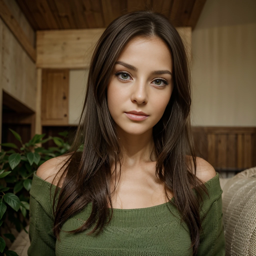 brune ténébreuse cheveux long raide , yeux vert clair , trait du visage fin , symétrique , rides d'expression au niveaux des yeux , belle bouche, nez en trompette, de face