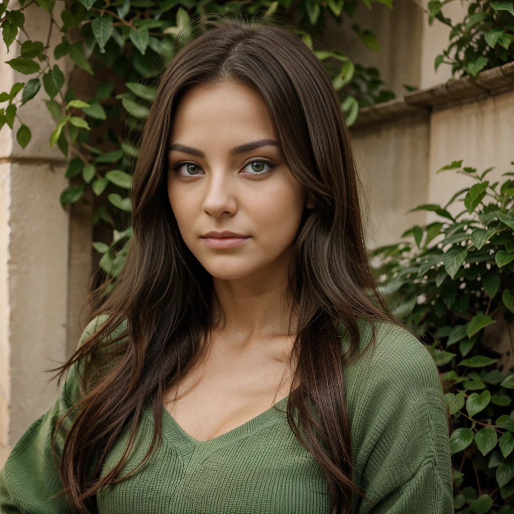 brune ténébreuse  cheveux long raide , yeux vert clair , trait du visage fin , symétrique , rides d'expression au niveaux des yeux , belle bouche, nez en trompette, de face 