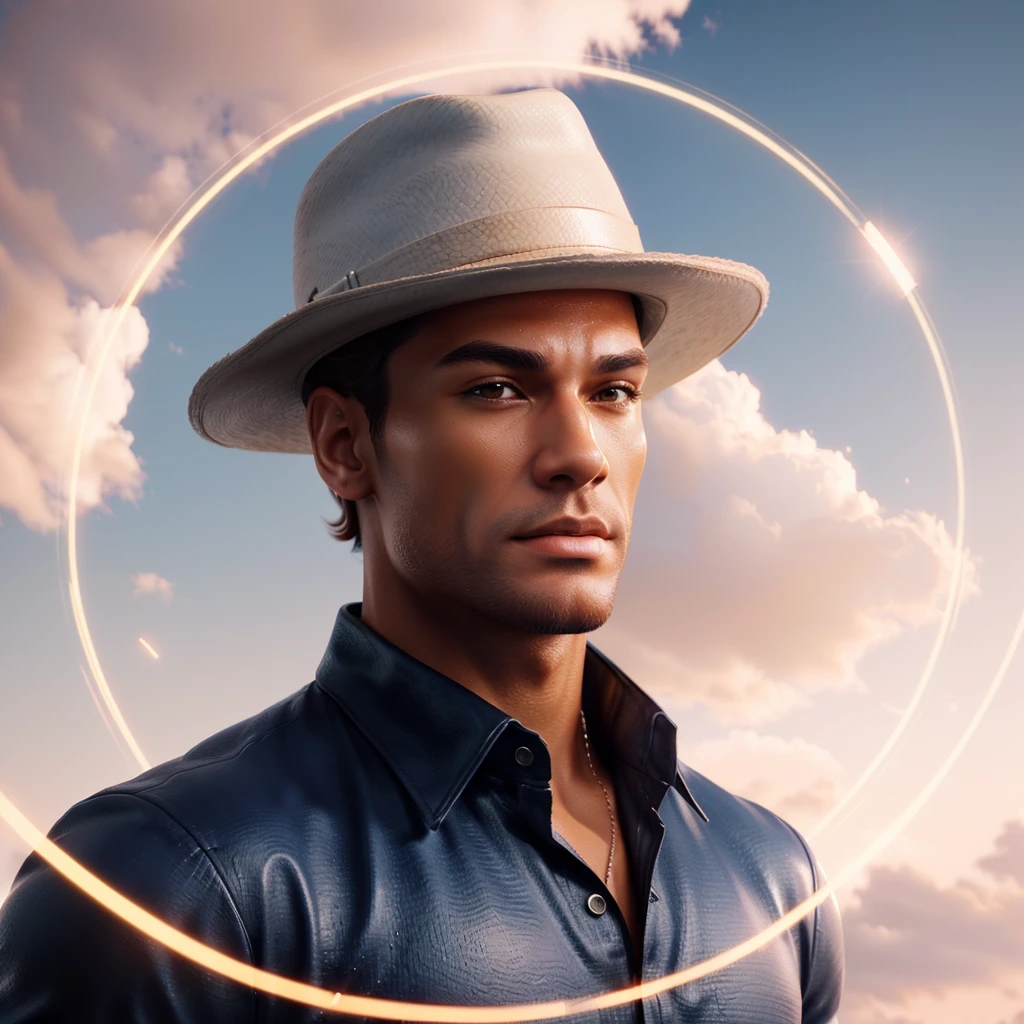 there is a man in a hat standing in front of a cloudy sky, muscle wizard, Attractive man, handsome stunning realistic, in digital illustration style, stylized digital illustration, male character, 3D 8k rendering character art, Handsome man, slim man with light tanned skin, male with halo, character with brown hat, Handsome man, muscular character