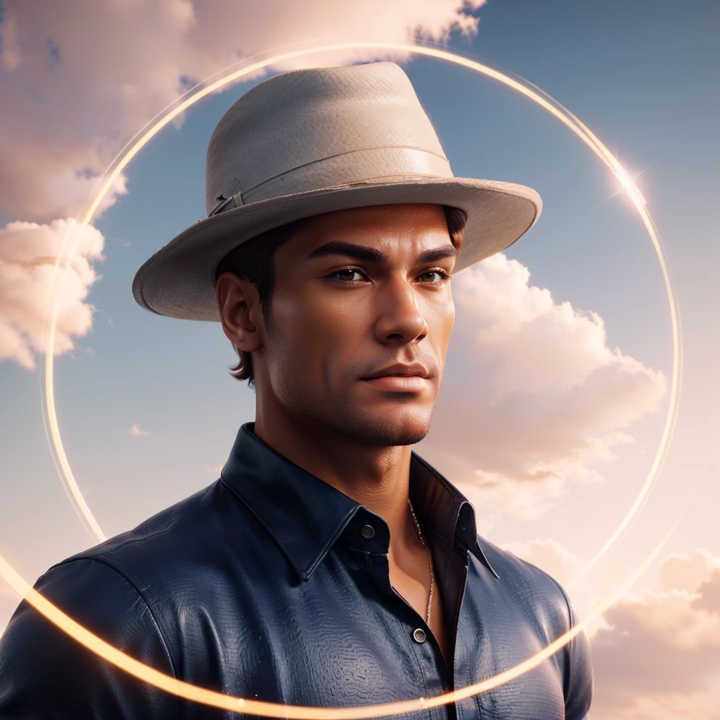 there is a man in a hat standing in front of a cloudy sky, muscle wizard, Attractive man, handsome stunning realistic, in digital illustration style, stylized digital illustration, male character, 3D 8k rendering character art, Handsome man, slim man with light tanned skin, male with halo, character with brown hat, Handsome man, muscular character
