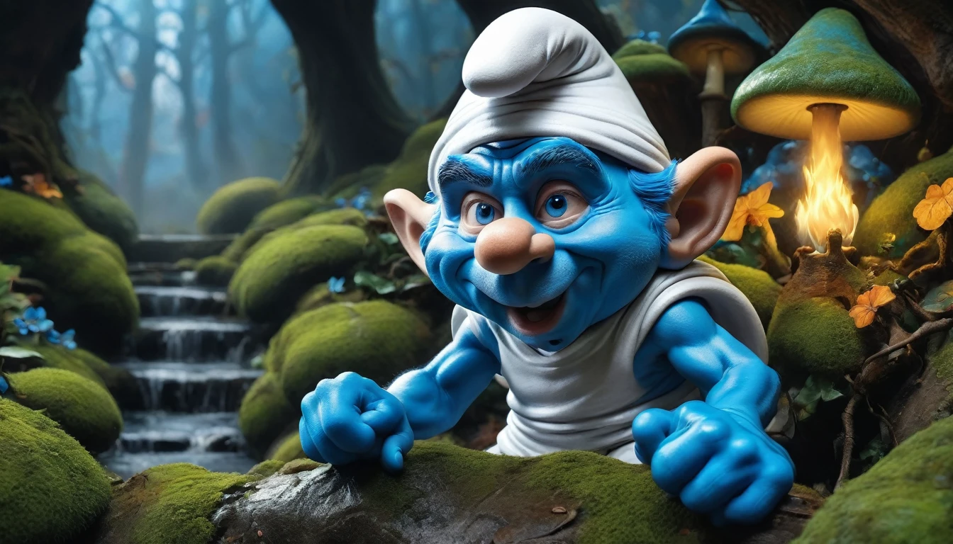 create an image demonstrating the style of ((Smurf Gargamel)), hyperrealism, 8K high resolution, vivid colors, sharp sharpness, incredibly detailed