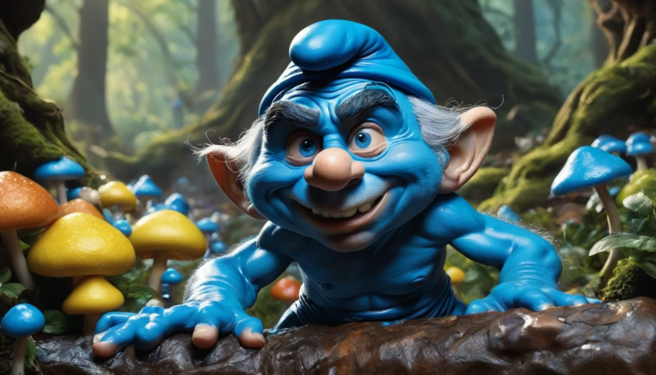 create an image demonstrating the style of ((Smurf Gargamel)), hyperrealism, 8K high resolution, vivid colors, sharp sharpness, incredibly detailed