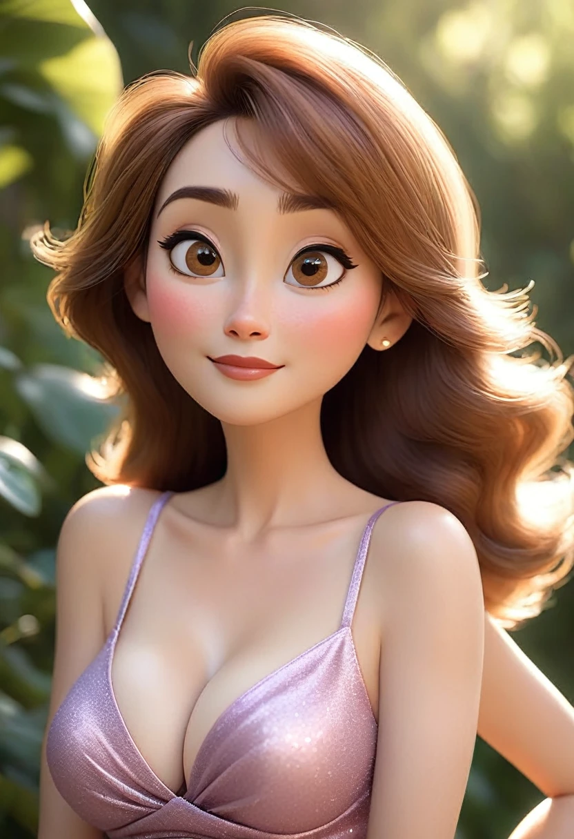 (Disney-Pixar Style:1.2) (Cute adorable girl:1.1) (Mature women over 50 years old:1.15), , Hazel Eyes, Modern glossy nude photography、, Big Breasts, Cleavage,