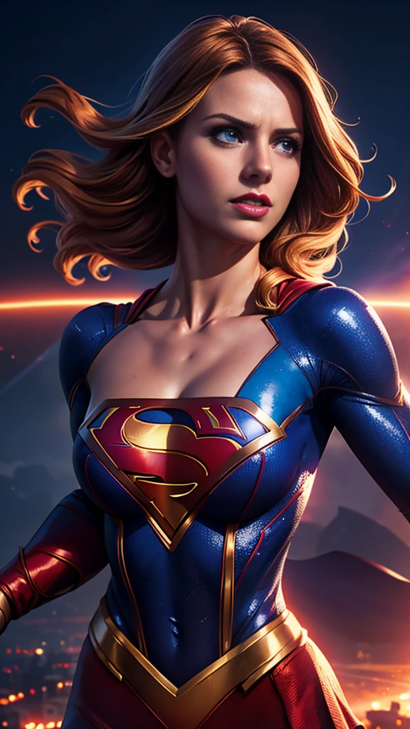 a supergirl flying in the sky, revealing costume, sensual pose, detailed face and eyes, 1girl, photorealistic, ultra-detailed, 8k, high quality, dramatic lighting, vibrant colors, cinematic composition, heroic, powerful