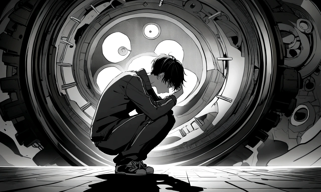black and white drawing, giant clockwork background, human, 26 year old male, black neat hair, a lonely face, wearing gray tracksuit, squat down, raise one&#39;s head.