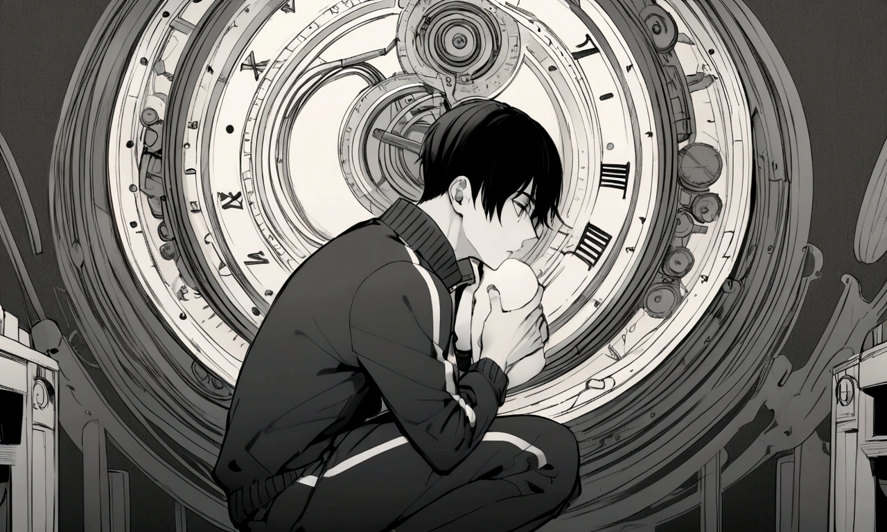 black and white drawing, giant clockwork background, human, 26 year old male, black neat hair, a lonely face, wearing gray tracksuit, squat down, raise one&#39;s head.
