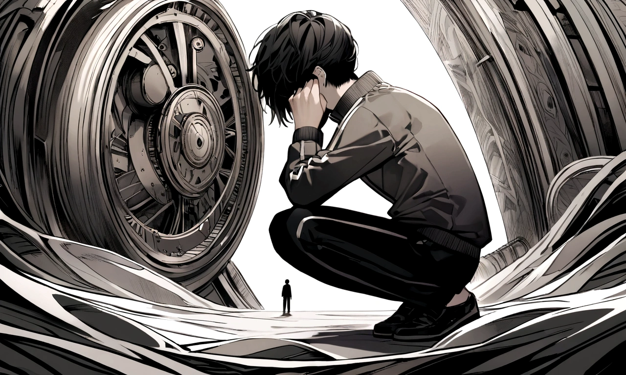 black and white drawing, giant clockwork background, human, 26 year old male, black neat hair, a lonely face, wearing gray tracksuit, squat down, raise one&#39;s head.