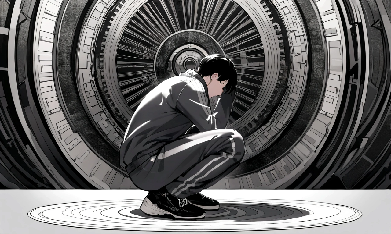 black and white drawing, giant clockwork background, human, 26 year old male, black neat hair, a lonely face, wearing gray tracksuit, squat down, raise one's head.