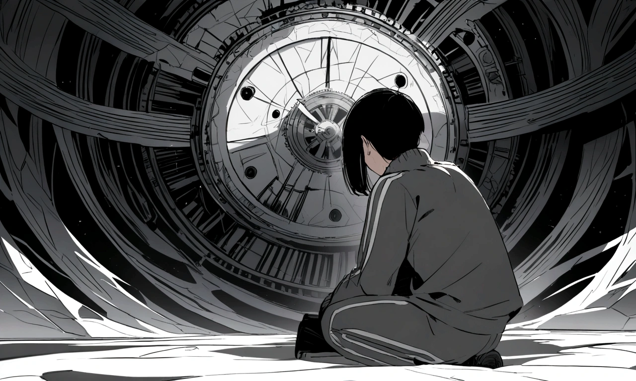 black and white drawing, giant clockwork background, human, 26 year old male, black neat hair, a lonely face, wearing gray tracksuit, squat down, raise one's head.