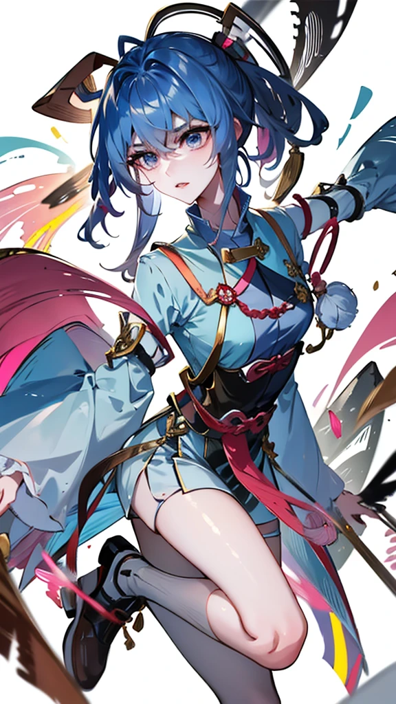 blank background, white background, Masterpiece, Best quality, just 1 Tang Wu Tong, the expression is cold, strong, blue eyes, short hair, wolfcut hairstyle, smoky mix blue color hair, resolute eyes, red lips, simple Taoist Taoist uniform, Chinese mix morden, frontal photo, anime, illustration, Chinese purple short-sleeved shirt, black or white background, simple background, front fullbody painting