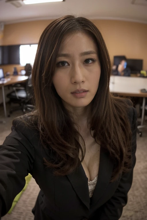 Selfie, Beautiful girl photographed with GoPro camera, Wearing business suit in office, wet, Open your mouth, Pointed face, Soft lighting, Fisheye lens, Blood granules, Shadow face