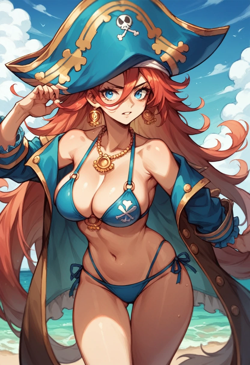 an adult pirate anime girl with pirate hat, blue eyes, red and long hairs, blue bikini and big boops on the beach of an island. suddenly she off her bikini (Make her look like an anime girl and take off her bikini)