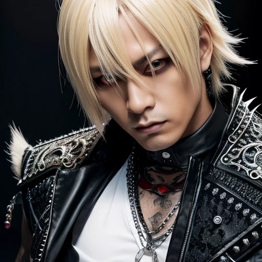 1 japanese male Gothic rocker, asien eyes, Visual Kai hairstyle, ultra detailed face and body, hyperrealistic, realistic representation, muscular, broad shoulders, tattoos gothic style, Visual Kei style, hairstyle Visual Kei, blond, 40 years old, age 40 outfit gothic streampunk, men's shirt and black pants, Asian eyes, eyes Asian, long hair